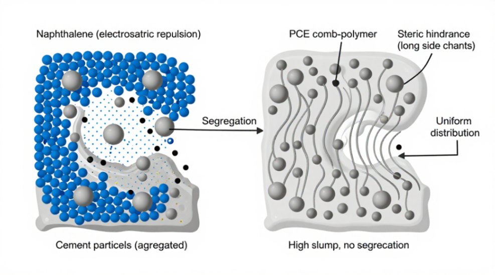 Figure 1: Comparison of dispersion mechanisms – naphthalene vs. PCE superplasticizers in high-slump concrete