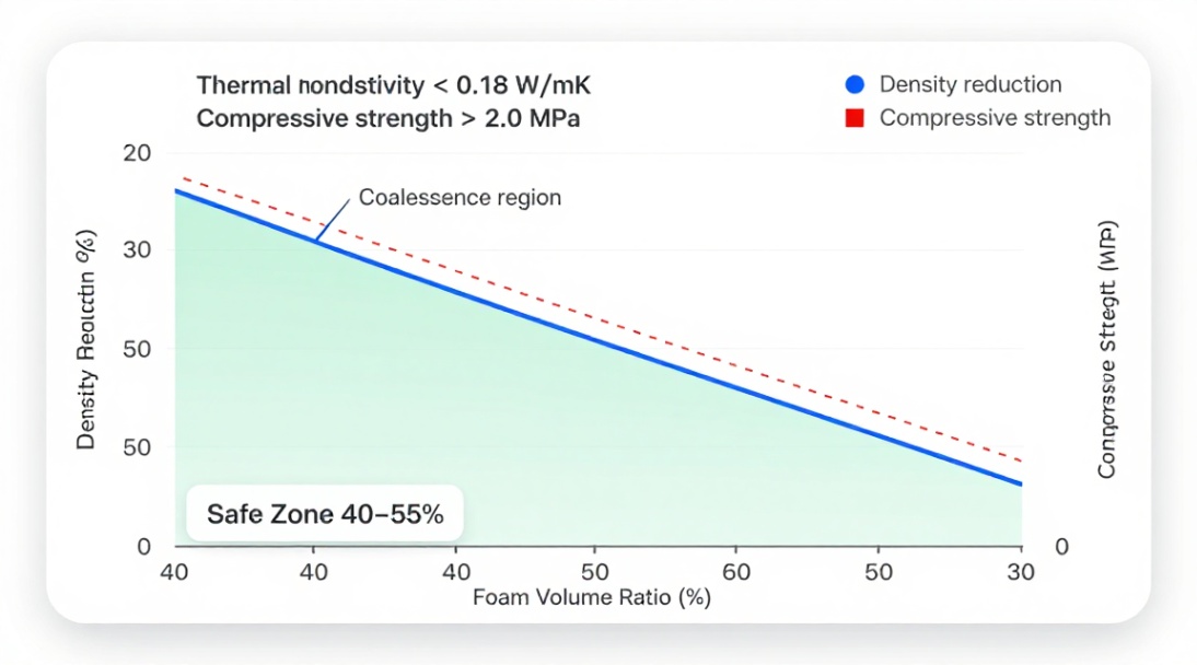 Figure 1: Nonlinear relationship between foam volume ratio, density, and compressive strength for wall panel mixes.
