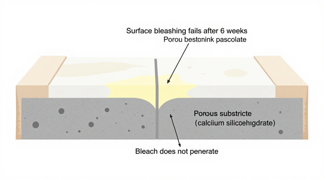 Figure 1: Cross-section illustrating why topical bleaching fails — the porous calcium silicate hydrate substrate remains unchanged.